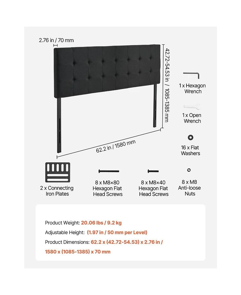 Slickblue Queen Bed Headboard with Adjustable Height and Diamond Tufted Design for Home and Hotel