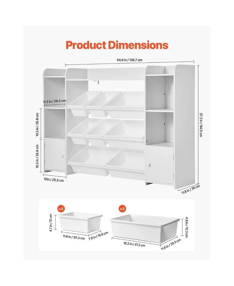 Slickblue Large Kids Toy Organizer with Bookshelf and 8 Flexible Storage Bins