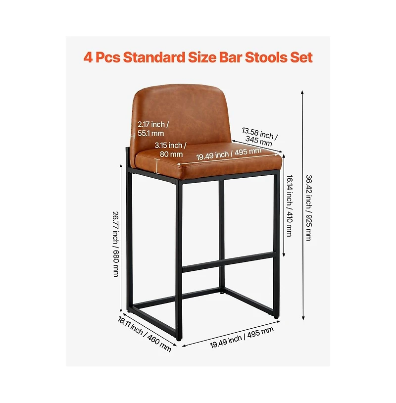Slickblue Set of 4 27 Inch Pu Leather Counter Bar Stools with Backrest