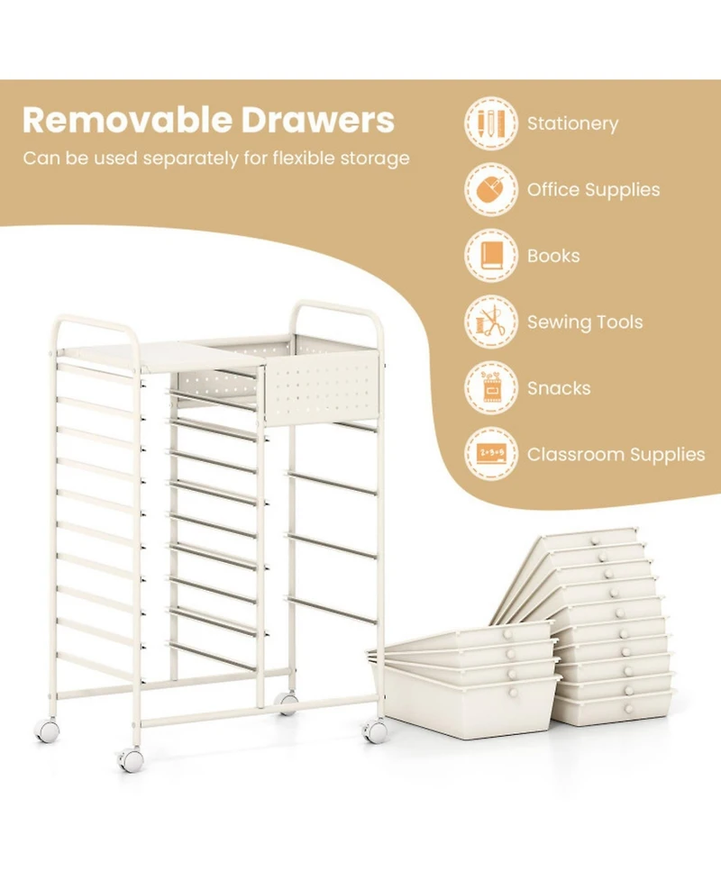 Sugift 14-Drawer Rolling Storage Cart with Metal Tabletop and Pegboard