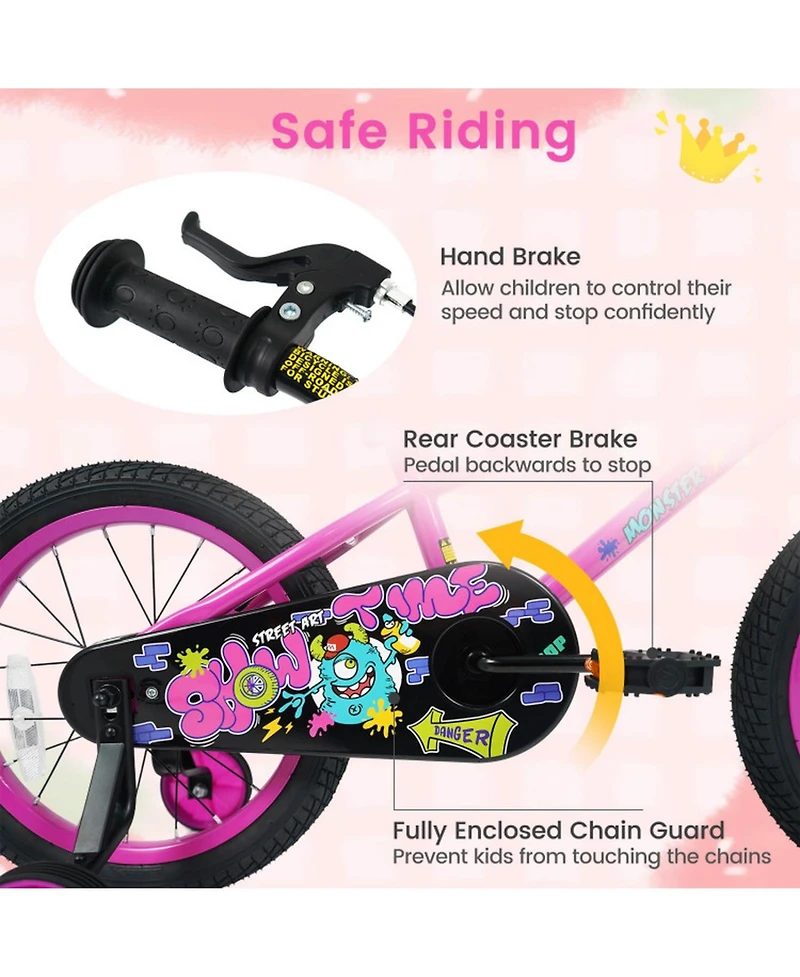 Sugift 16" Kids Bike with Detachable Training Wheels, Dual-Brake Control, Monster-Themed Graphics, Ages 4-7