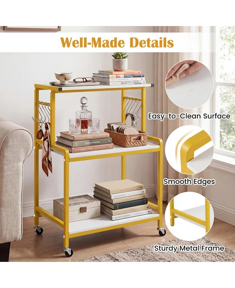 Hongge 3-Tier Rolling Microwave Cart with Charging Station and 10 Storage Hooks