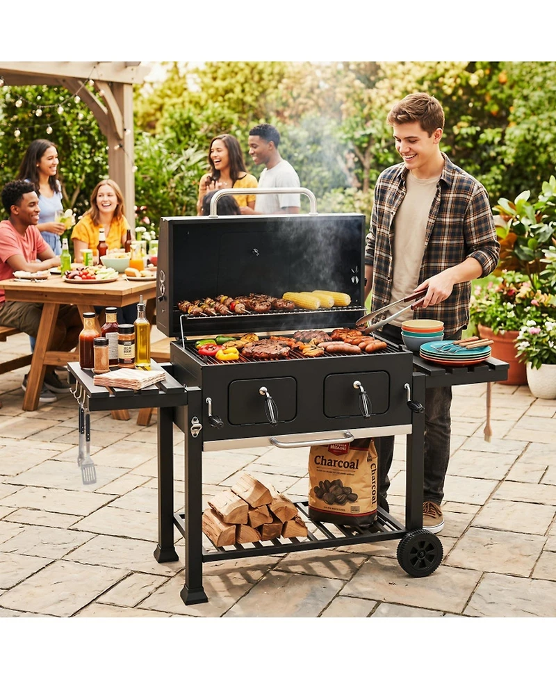 Hongge 752 Square Inches Charcoal Grill with Lifting Charcoal Trays Folding Side Tables and Wheels