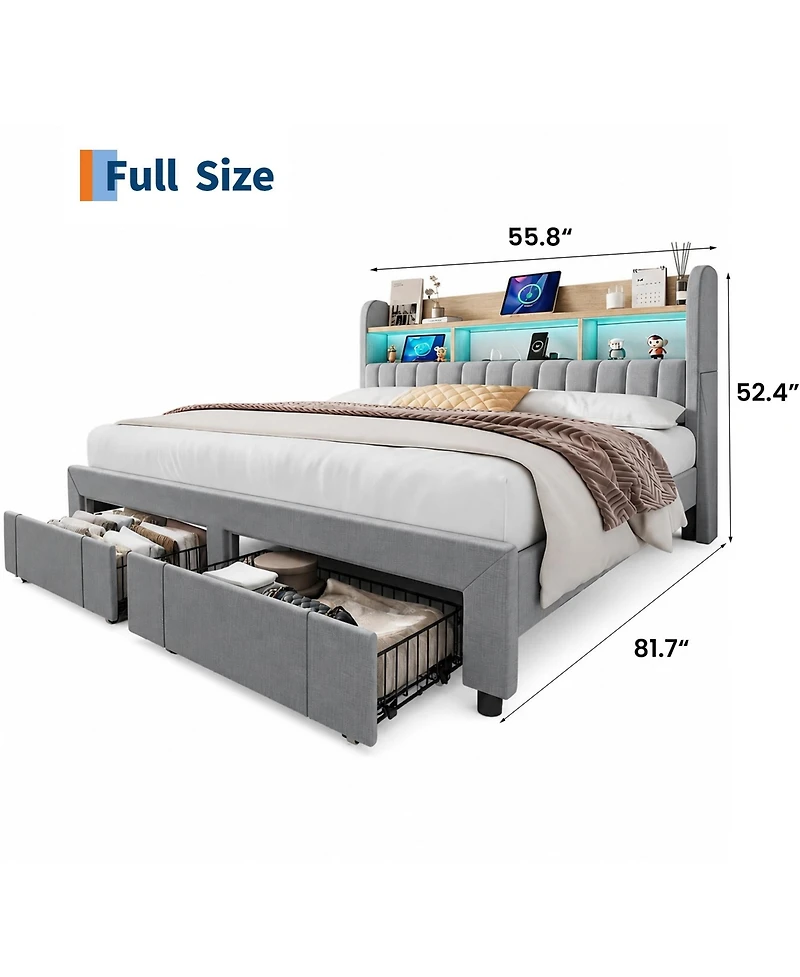 homfan Upholstered Bed with 2 Drawers and Led Lights | Platform Charging Station Storage Headboard, Heavy Duty, No Box Spring Needed