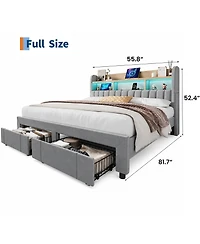 homfan Upholstered Bed with 2 Drawers and Led Lights | Platform Charging Station Storage Headboard, Heavy Duty, No Box Spring Needed