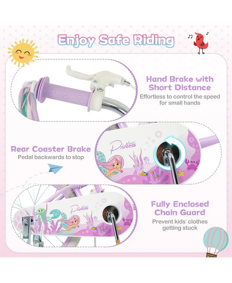 Hongge 16-Inch Girls Bike with Mermaid Streamers and Training Wheels, Ages 4-7