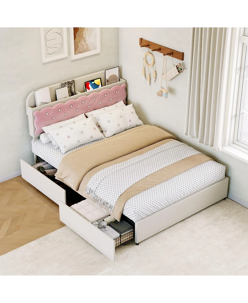homfan Sandwich Cookie Style Princess Bed Frame, Upholstered with Storage Headboard and 2 Drawers, No Box Spring Needed