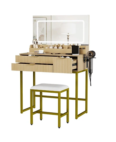 gaomon Modern Fluted Vanity Desk with Glass Top, Large Led Mirror, 3 Drawers, 3 Storage Shelves, Power Outlet, Hair Dryer Rack and Stool
