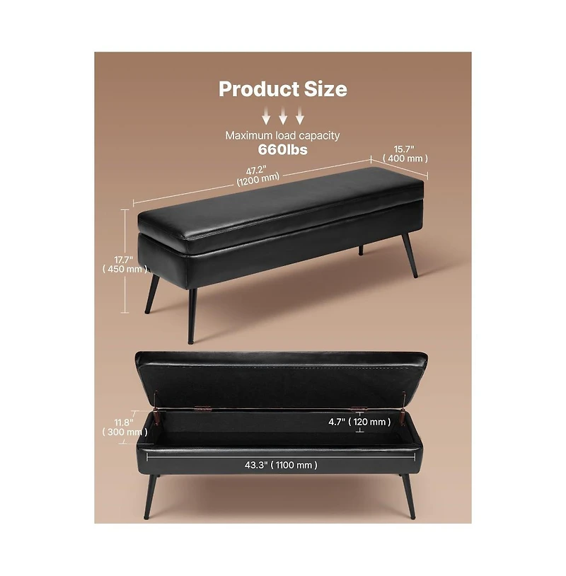 Slickblue Upholstered Storage Bench with Pu Leather Seat and Metal Frame Legs
