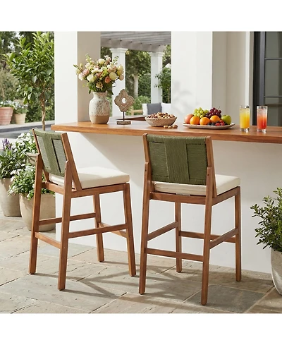 Flynama Set of 2 Outdoor Acacia Wood Bar Height Stools, Teak Finish with Cushion and Wicker Back