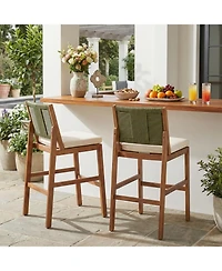 Flynama Set of 2 Outdoor Acacia Wood Bar Height Stools, Teak Finish with Cushion and Wicker Back