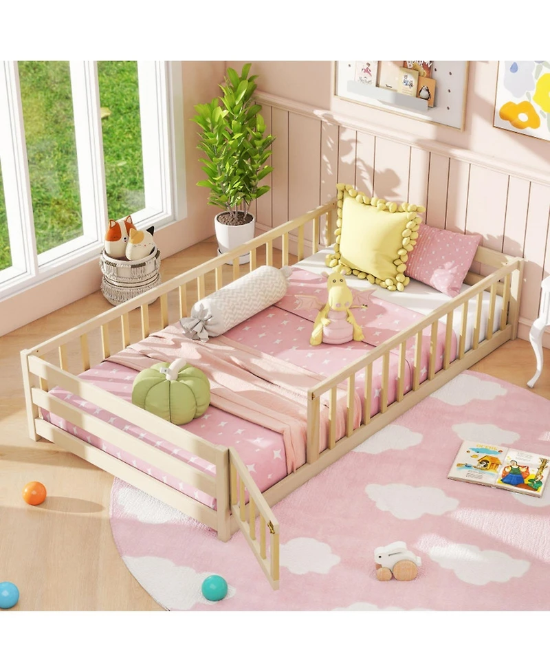 Sugift Twin Size Kids Montessori Floor Bed with Door and Fence