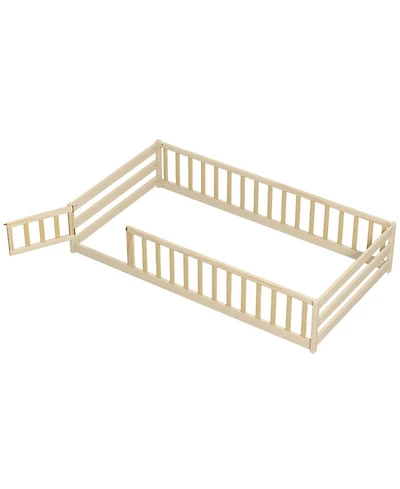 Sugift Twin Size Kids Montessori Floor Bed with Door and Fence