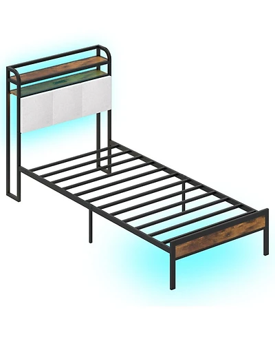 Sugift Twin Size Bed Frame with Led Light and Charging Station 2 Outlets 1 Usb 1 Type-c Port