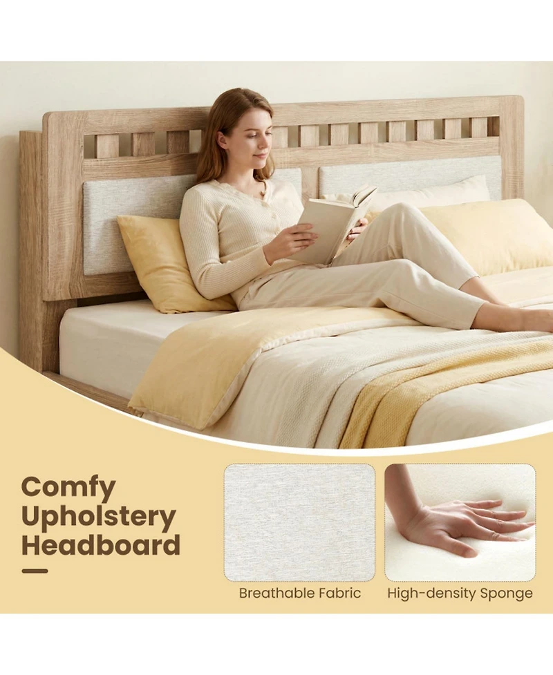 Sugift Queen Wood Bed Frame with Upholstered Headboard and 12 Plywood Slats