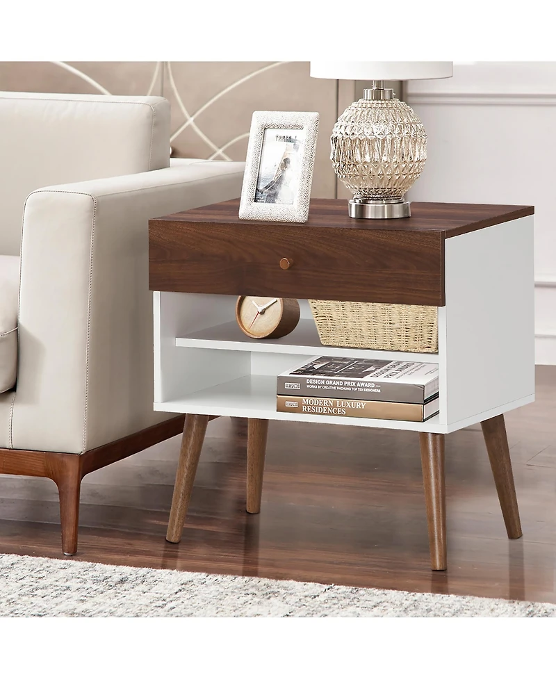 Costway Nightstand End Side Table Drawer Storage Shelf Mid-Century Rubber Wood Leg