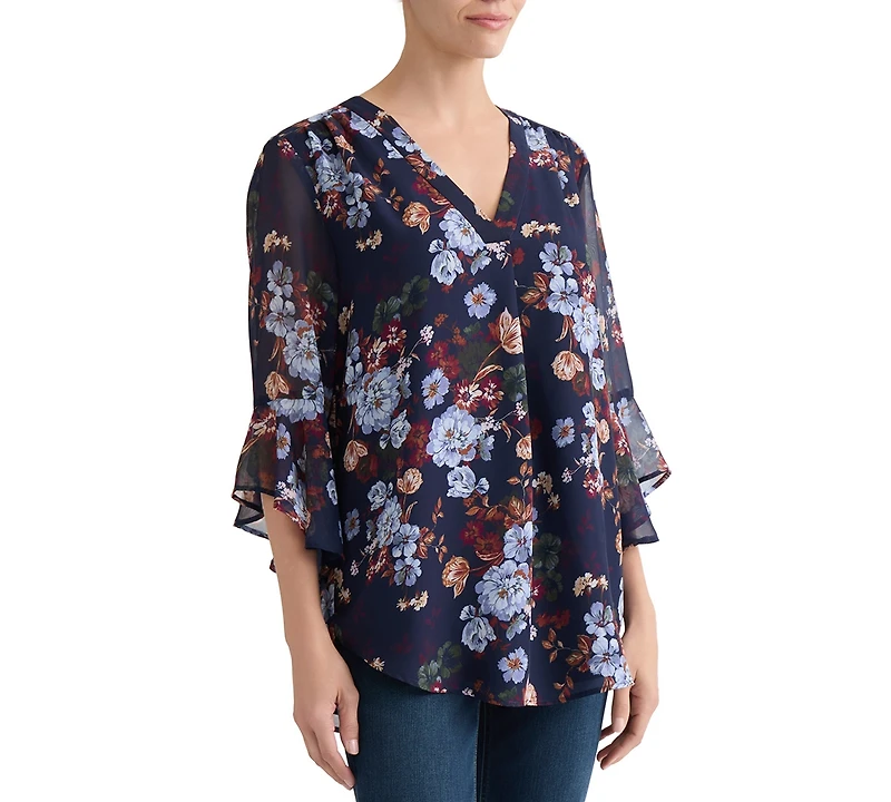 Jones New York Petite Floral-Print V-Neck 3/4-Length Flutter-Sleeve Blouse