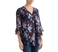 Jones New York Petite Floral-Print V-Neck 3/4-Length Flutter-Sleeve Blouse