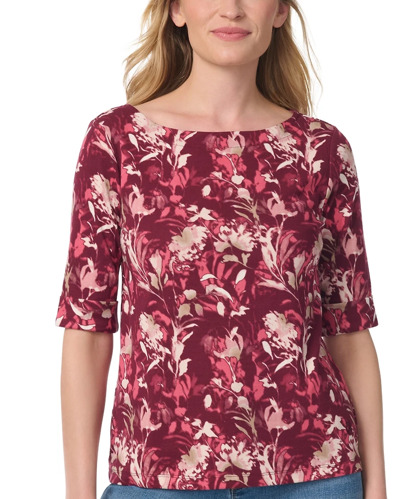 Gloria Vanderbilt Women's Alanis Boat Neck Floral-Print Cotton-Blend T-Shirt