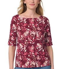 Gloria Vanderbilt Women's Alanis Boat Neck Floral-Print Cotton-Blend T-Shirt