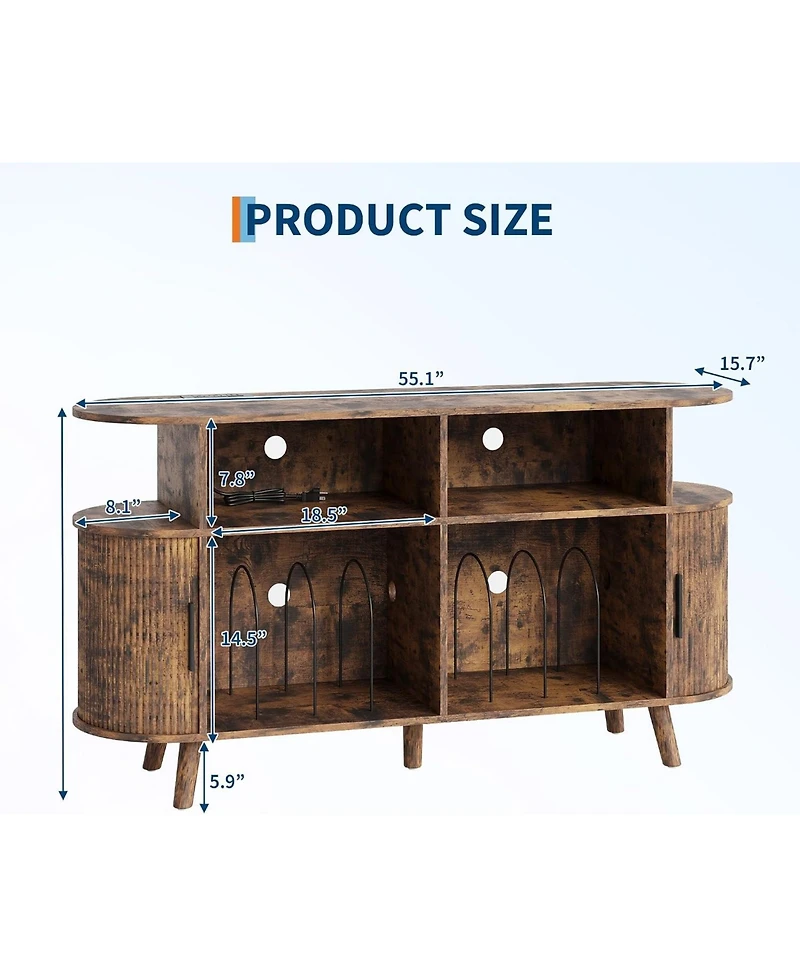 homfan Round Mid-Century Tv Stand and Media Console with Vinyl Storage and Charging Station, Open Shelves