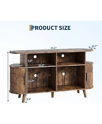homfan Round Mid-Century Tv Stand and Media Console with Vinyl Storage and Charging Station, Open Shelves