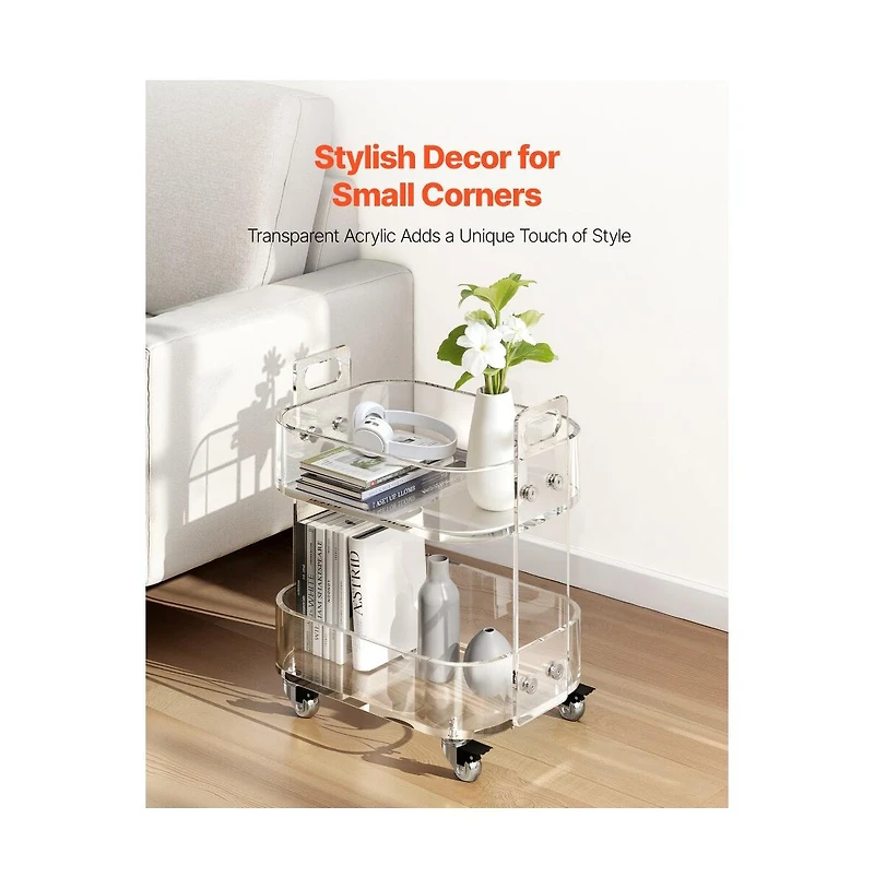 Slickblue 2 Tier Acrylic Rolling Cart Table with Wheels, Clear Storage Side Desk