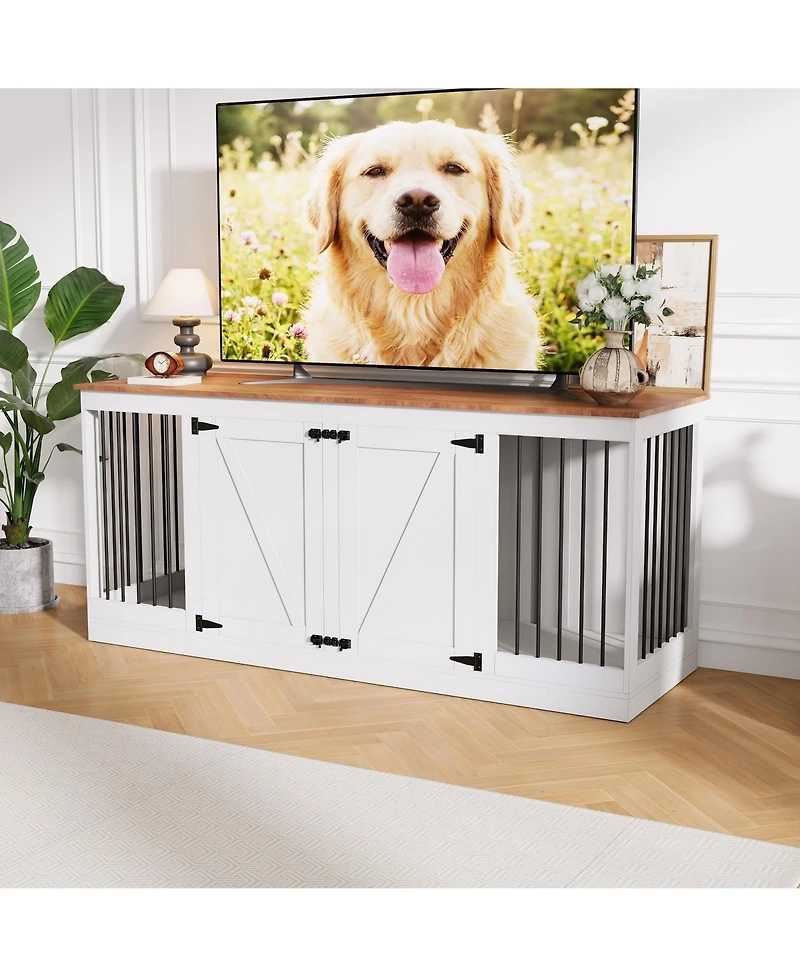 homfan 70.8" Dog Crate Furniture for Dogs, Farmhouse Dog Crate Tv Stand with Removable Divider, Heavy Duty Dog Kennel with Reinforced Steel Bars