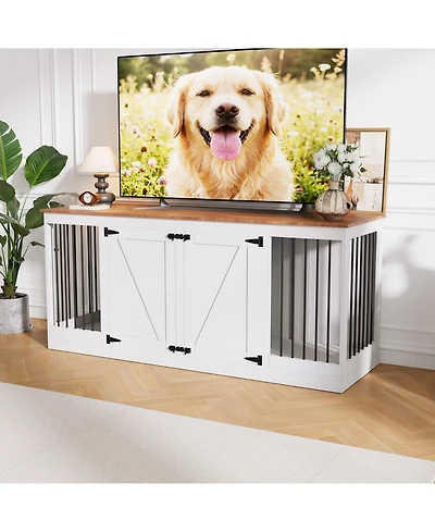 homfan 70.8" Dog Crate Furniture for Dogs, Farmhouse Dog Crate Tv Stand with Removable Divider, Heavy Duty Dog Kennel with Reinforced Steel Bars