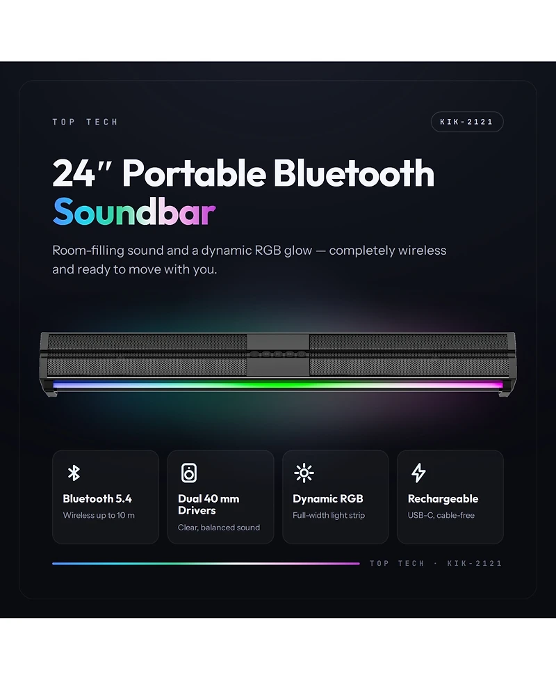 Top Tech Kik-2121 24-Inch Portable Bluetooth Soundbar with Rechargeable Battery