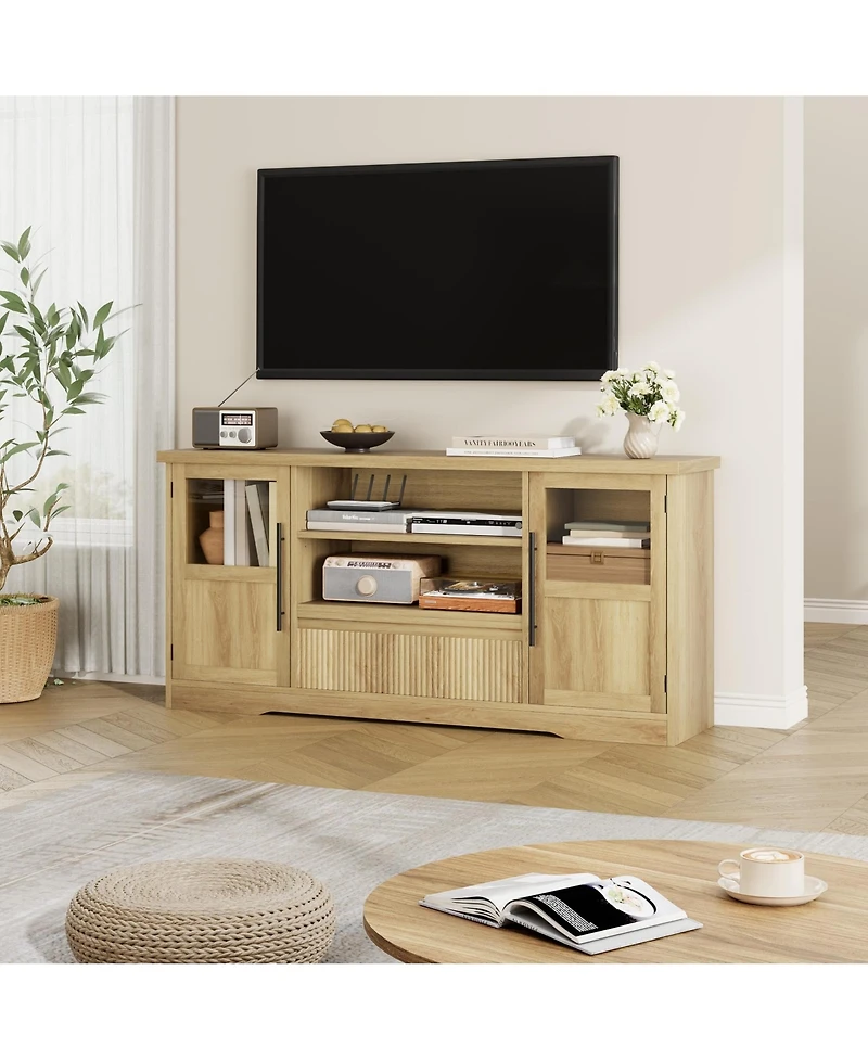 homfan 72" Farmhouse Tv Stand with Wave Pattern and Glass Door Cabinets, Media Console, Light Wood Finish