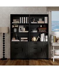 homfan 71" Tall Black Bookcase with Doors and 3 Drawers, 3-Tier Open Shelves