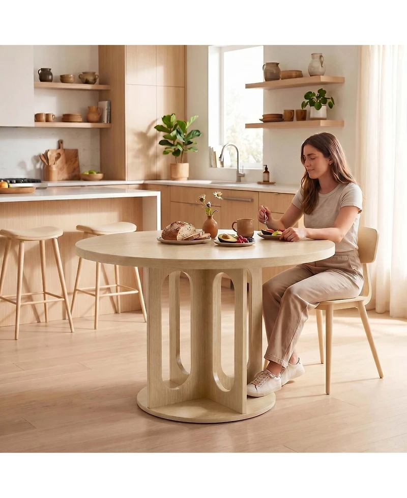 Gaomon 47" Wood Color Round Dining Table for 4-6, Cross Pedestal Base Kitchen Breakfast Table