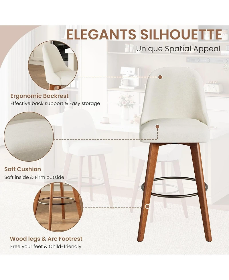 gaomon Set of 4 White Linen 360degree(s) Swivel Counter Stools with Wood Legs and Back, 26" Seat Height