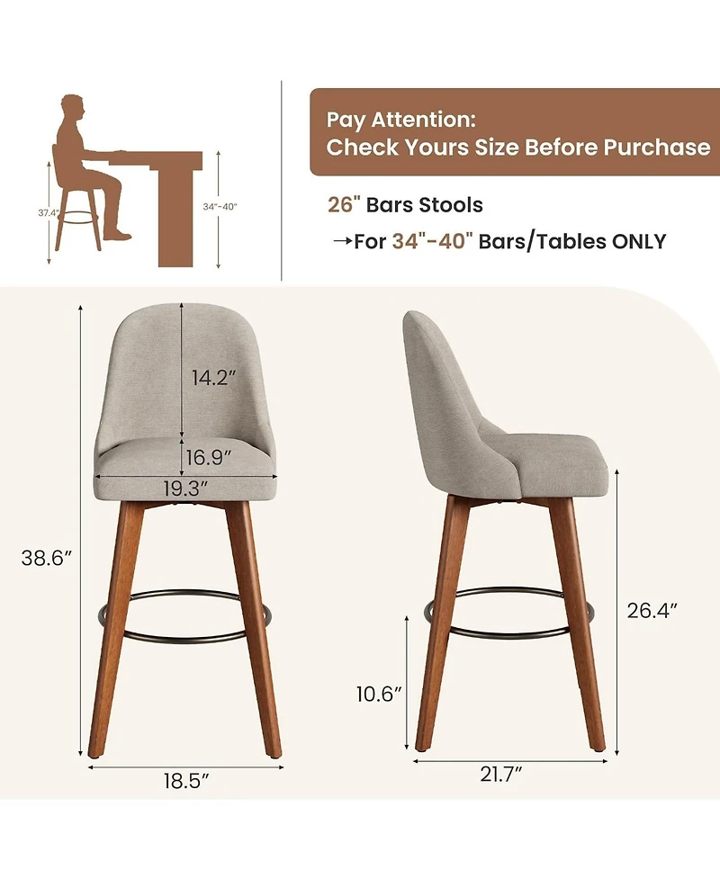 Gaomon Set of 4 360degree(s) Swivel Counter Stools, Sand Linen Upholstered Bar Chairs with Wood Legs, 26" Seat