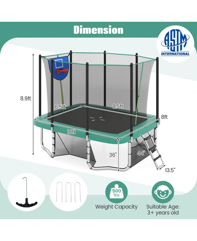 Hongge Rectangle 10 x 8 Trampoline with Basketball Hoop and Soccer Goal, Ages 3+