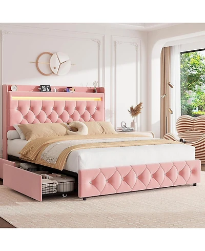 Gaomon Full Size Velvet Led Platform Bed with Storage Headboard