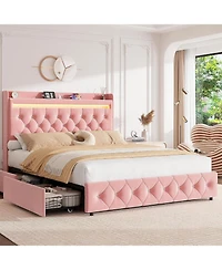 Gaomon Full Size Pink Velvet Led Platform Bed with Storage Headboard, Charging and 2 Drawers
