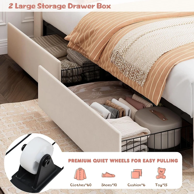 Gaomon Queen Size White Velvet Led Platform Bed with Storage Headboard, Charging and 2 Drawers