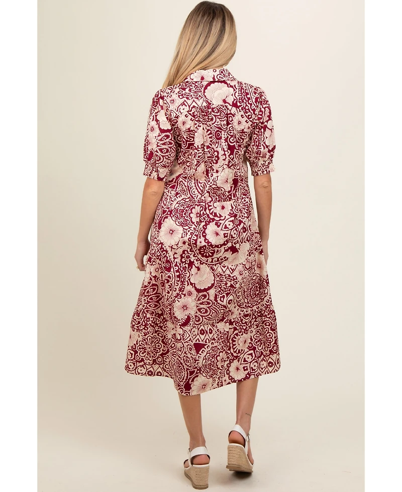 Pinkblush Women's Burgundy Floral Collared Tiered Midi Dress