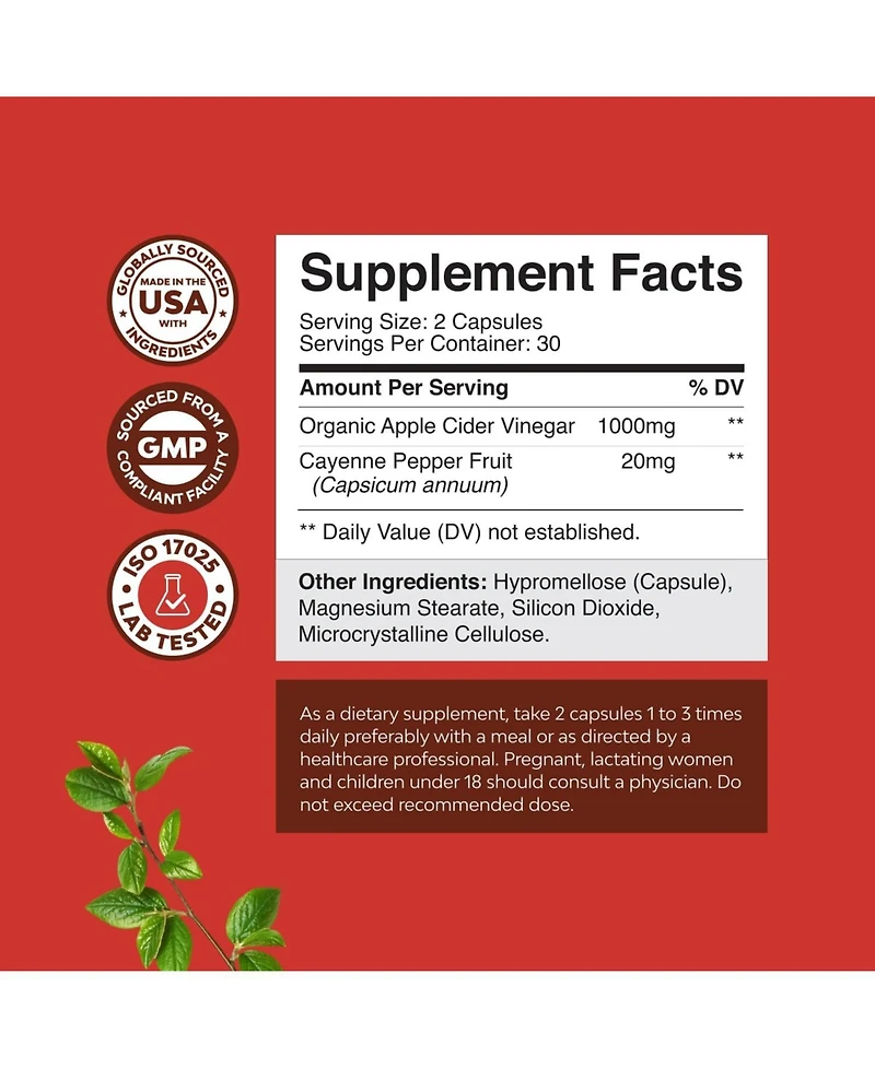 Nature's Craft Apple Cider Vinegar Capsules - Acv Supplement for Gut and Digestive Health with Cayenne - Extra Strength Acv Capsules