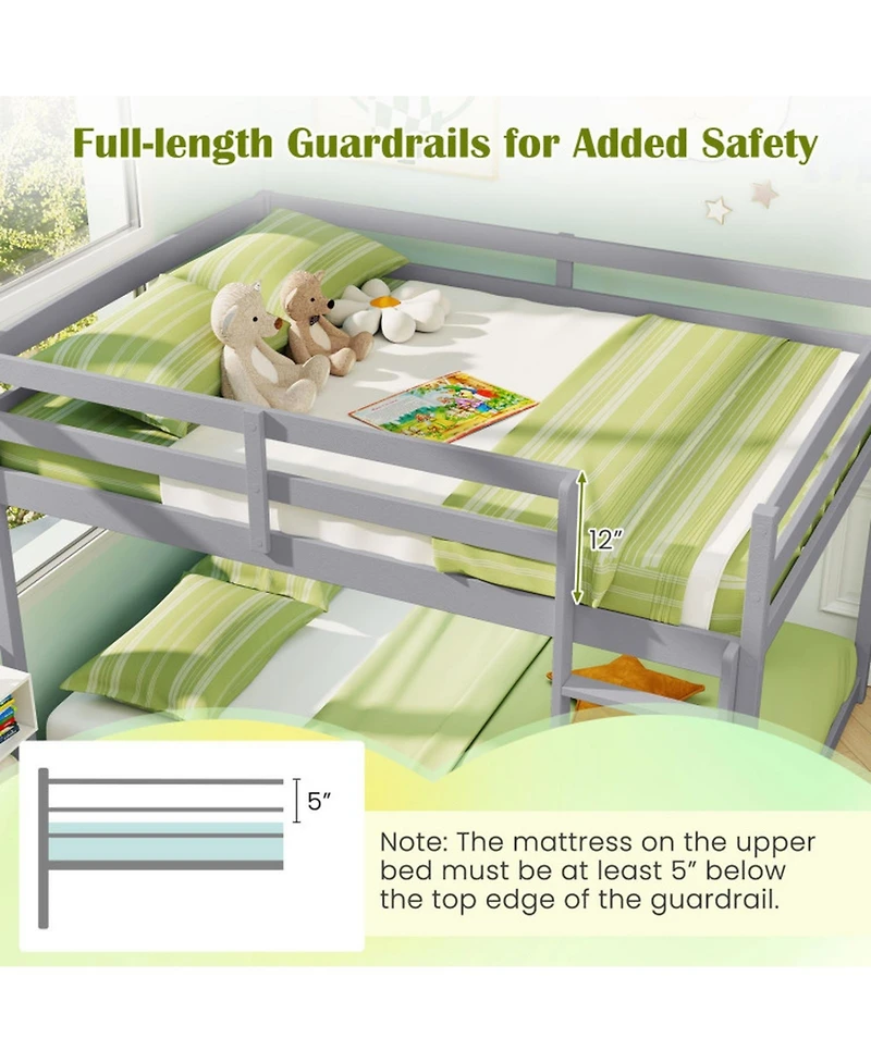 Sugift Full over Full Low-to-Ground Bunk Bed with Guardrails and Ladder