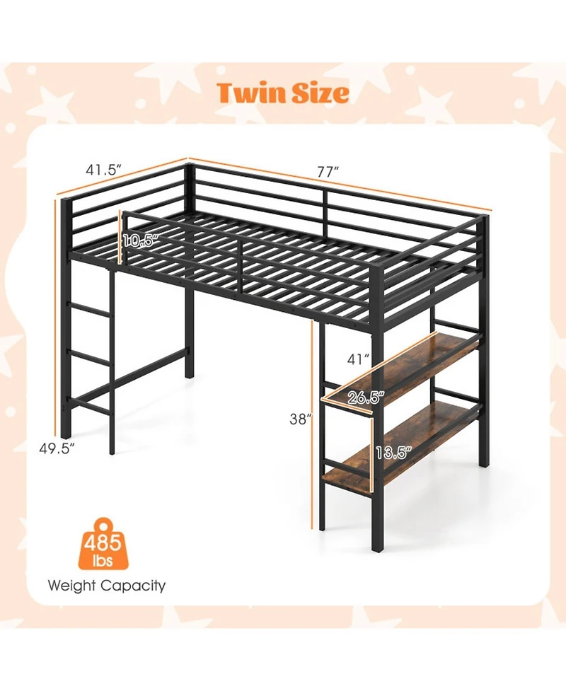 Sugift Low Loft Bed with Ladder and Storage Shelves Metal Frame