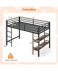 Sugift Low Loft Bed with Ladder and Storage Shelves Metal Frame