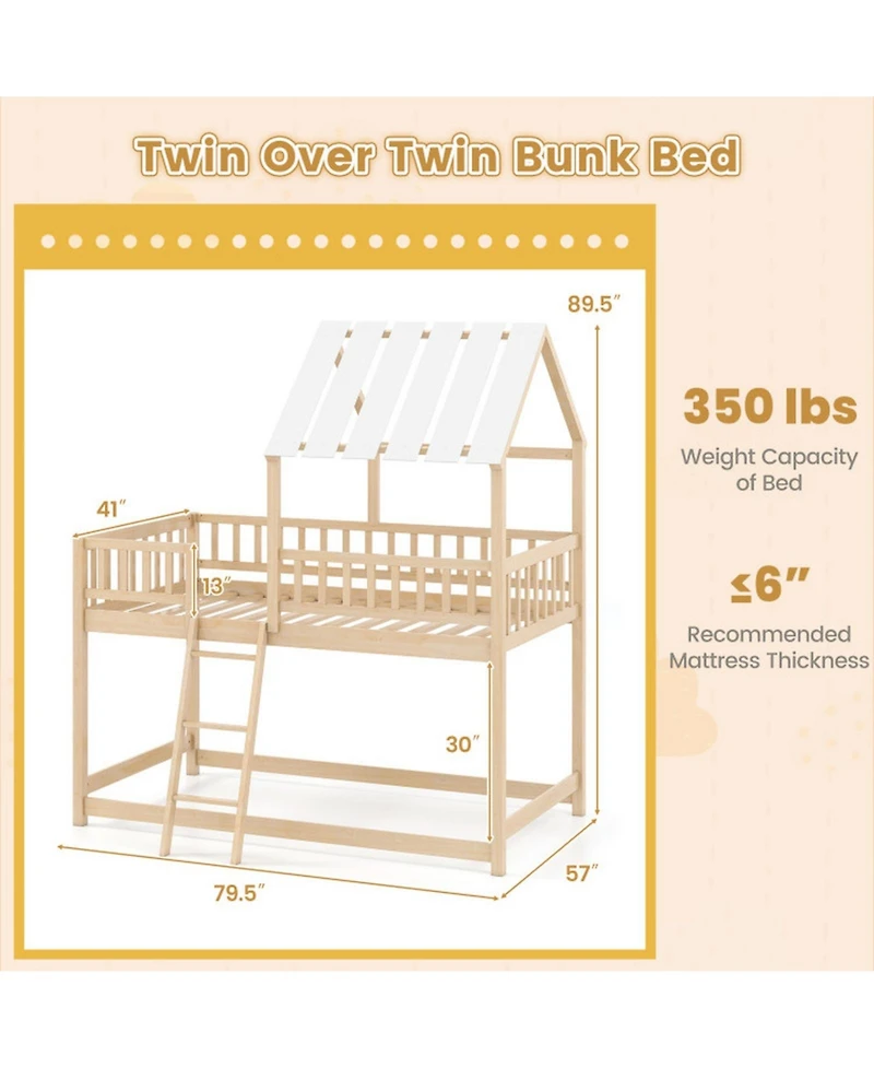 Sugift Twin House Bunk Bed with Roof and Full-Length Guardrails