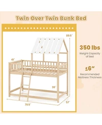 Sugift Twin House Bunk Bed with Roof and Full-Length Guardrails
