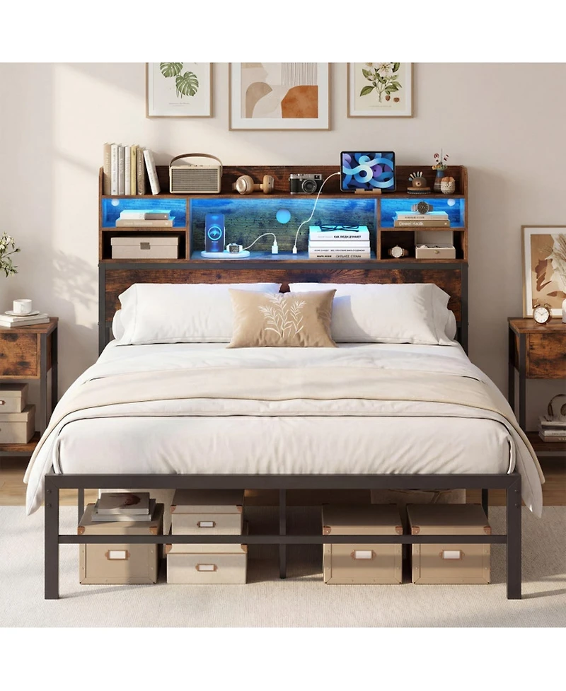 Sugift Metal Platform Bed with Led Headboard and Charging Station