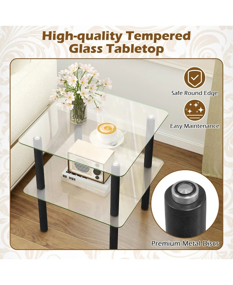 Sugift 2-Tier Square End Table with Tempered Glass Top and Rubber Wood Legs
