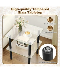 Sugift 2-Tier Square End Table with Tempered Glass Top and Rubber Wood Legs