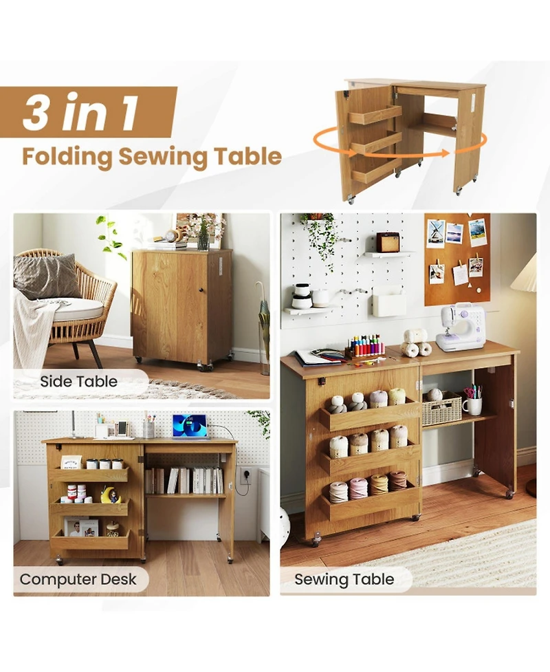 Sugift Foldable Sewing Machine Craft Table with Charging Station and Locking Casters